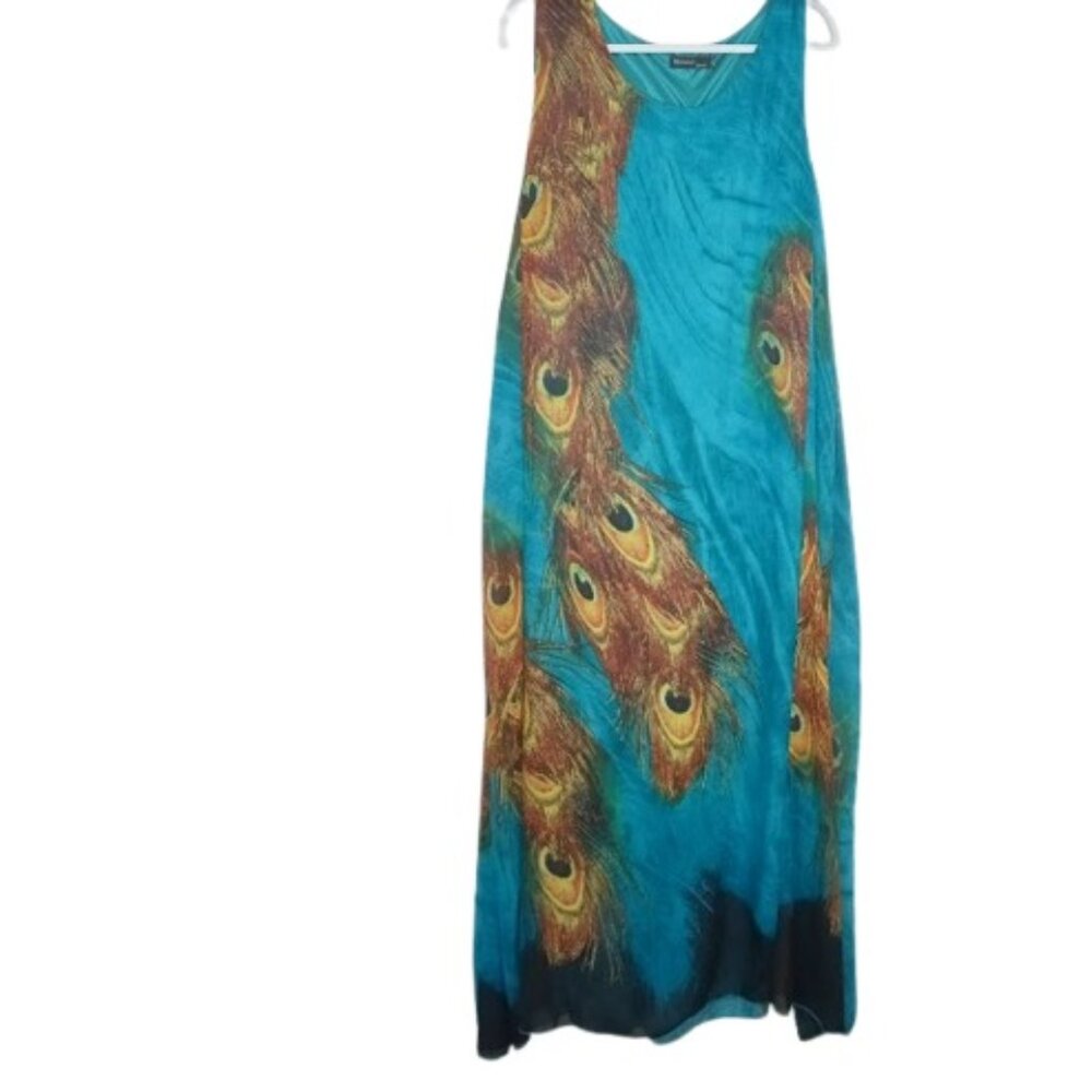 Wantdo Secrets Womens Maxi Dress Blue Peacock Print Chiffon Plus 2X